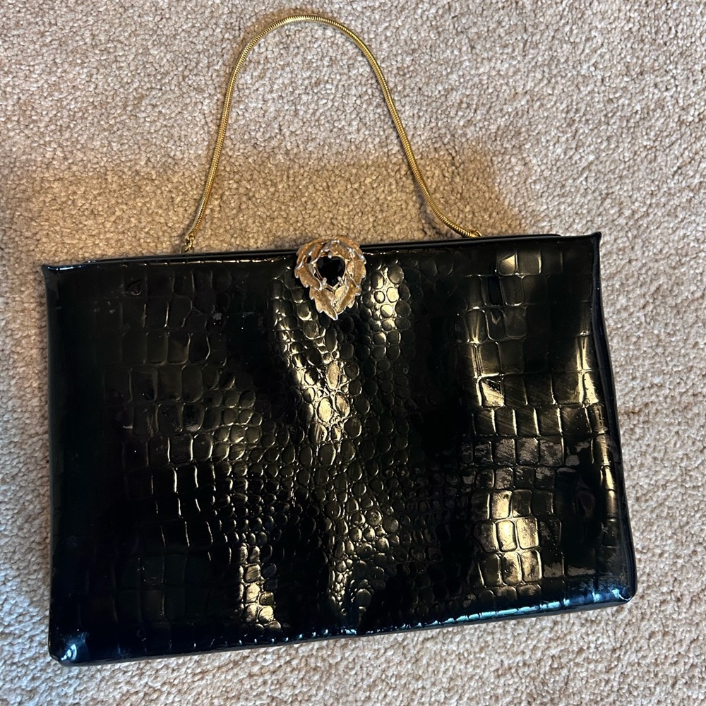 Vintage Ingber Black Crocodile-Gold Embossed Handbag